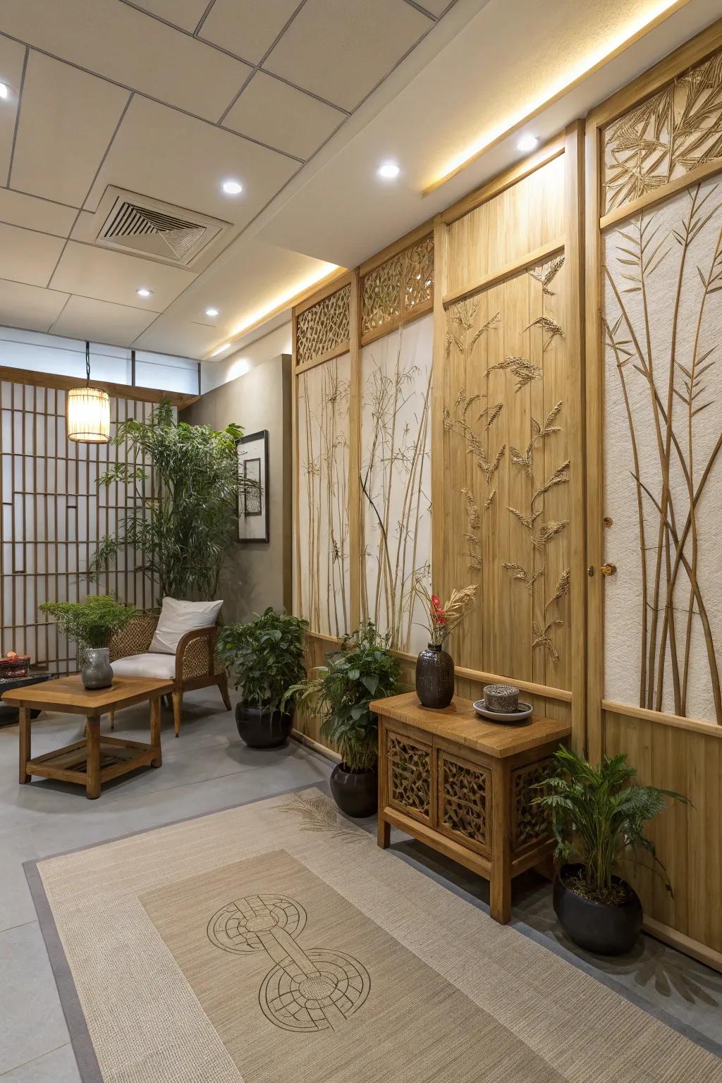 Room featuring natural bamboo-textured board designs.