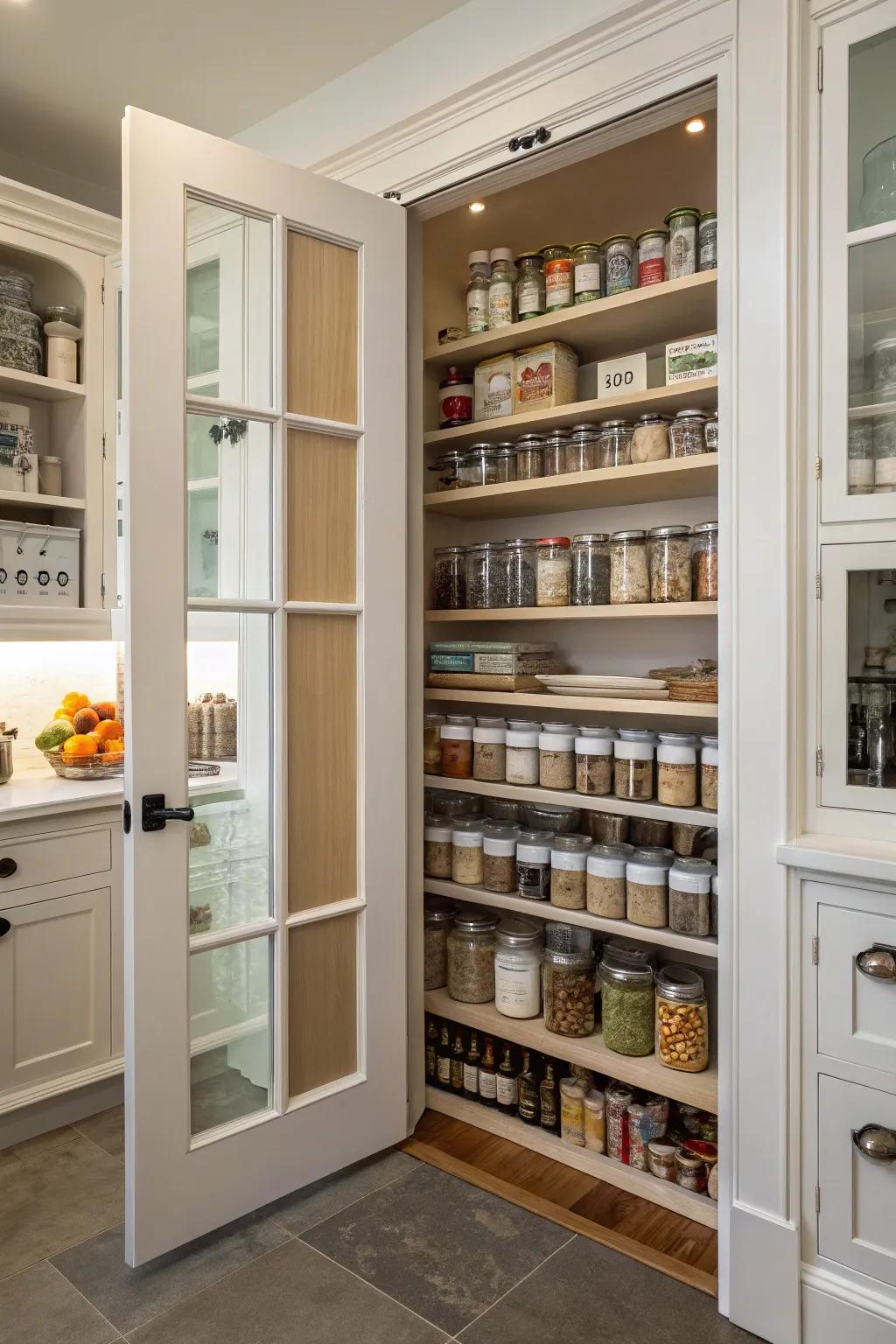 A pantry featuring double doors, providing an expansive and accessible entrance.