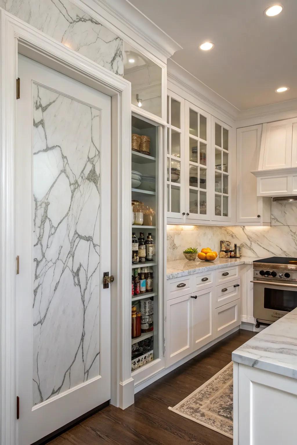 Unifying the pantry entrance with the surface accent enhances kitchen cohesion.