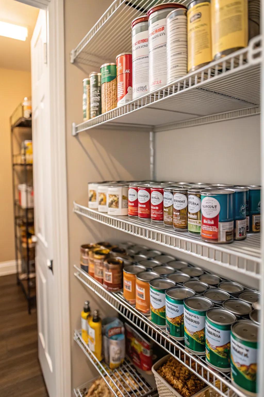 Canned goods racks in a pantry ensure arranged and effortless access to cans.