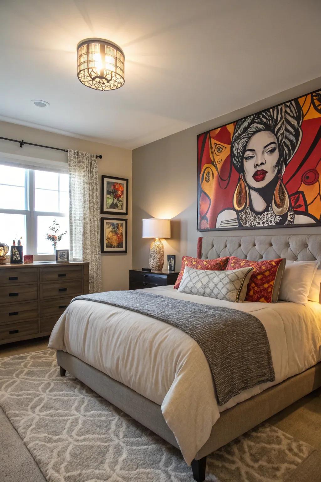 Notable wall artistry infuses character into the space.