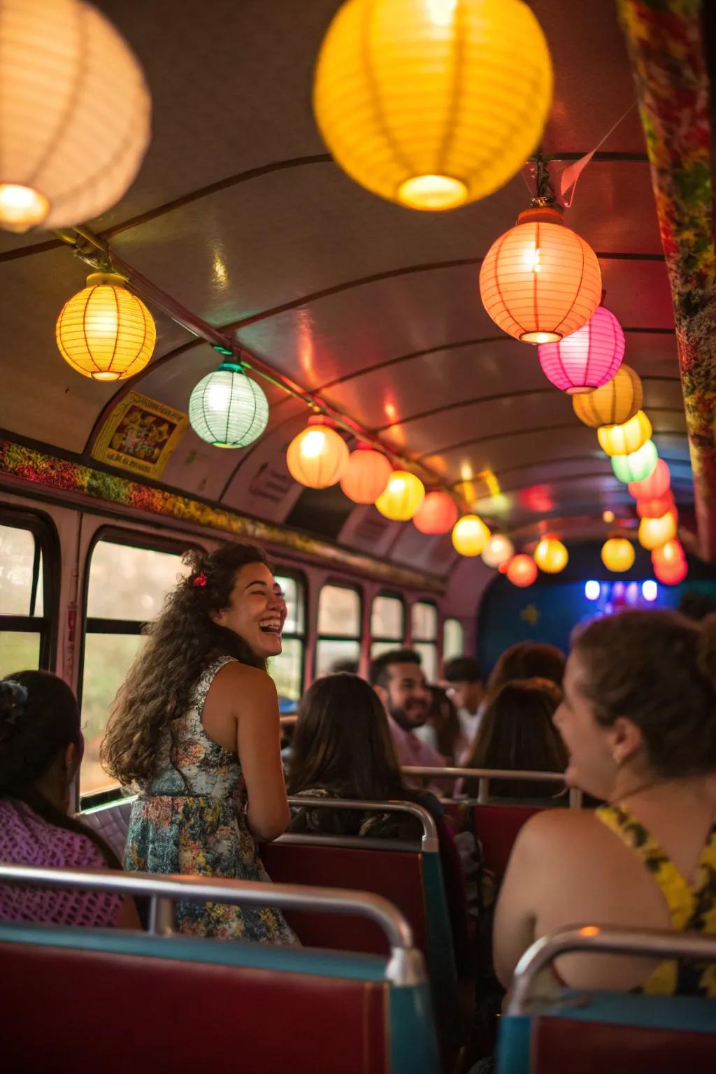 Hanging lanterns bring a cozy and intimate feel to the party bus.
