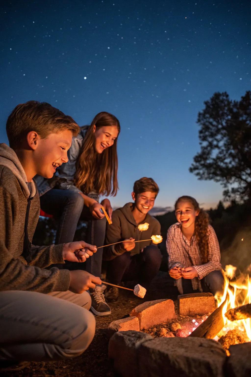 Teens savoring an inviting bonfire evening with sweet treats beneath the celestial bodies.