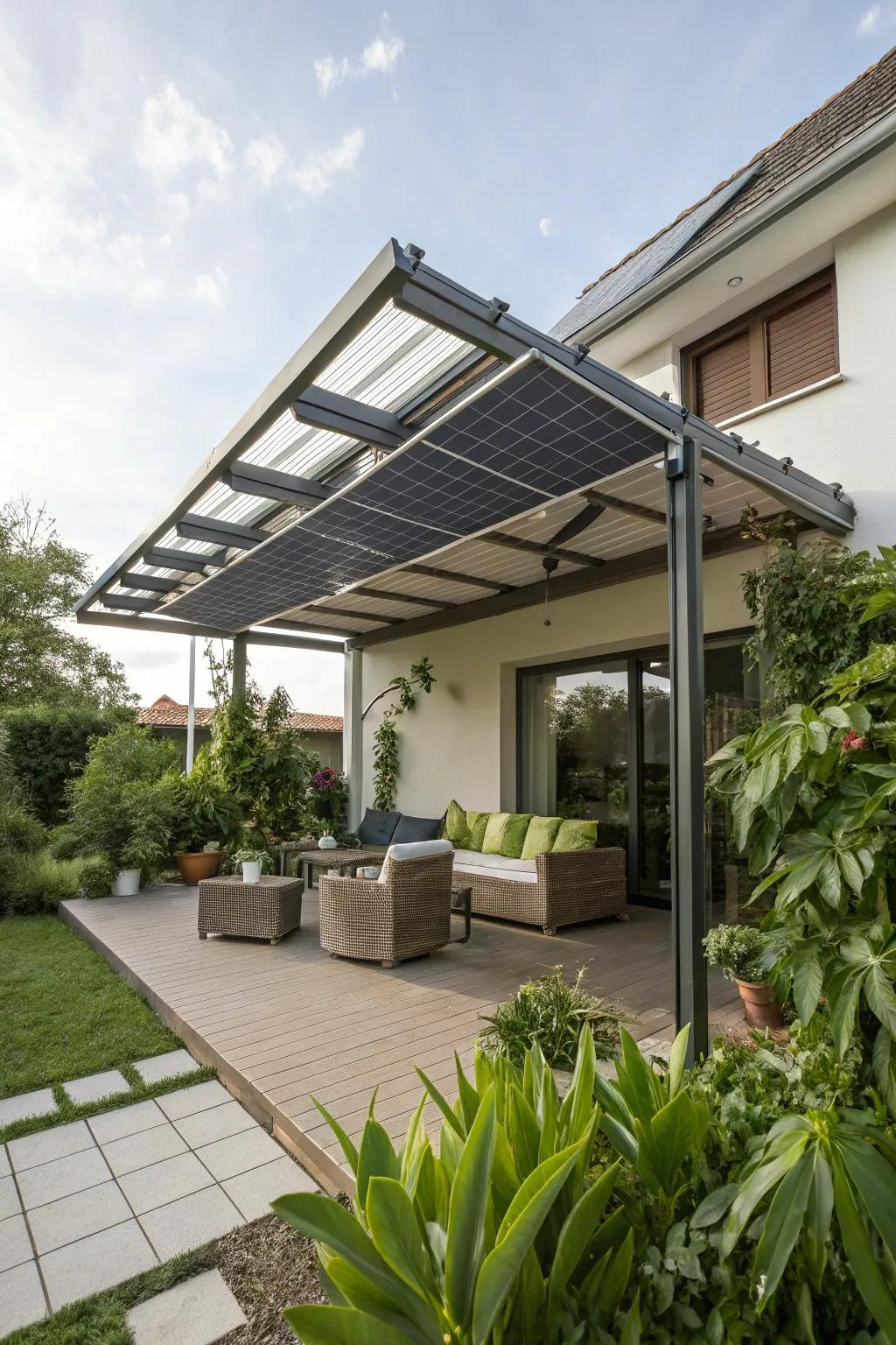 Photovoltaic awnings provide sustainable and efficient shade.