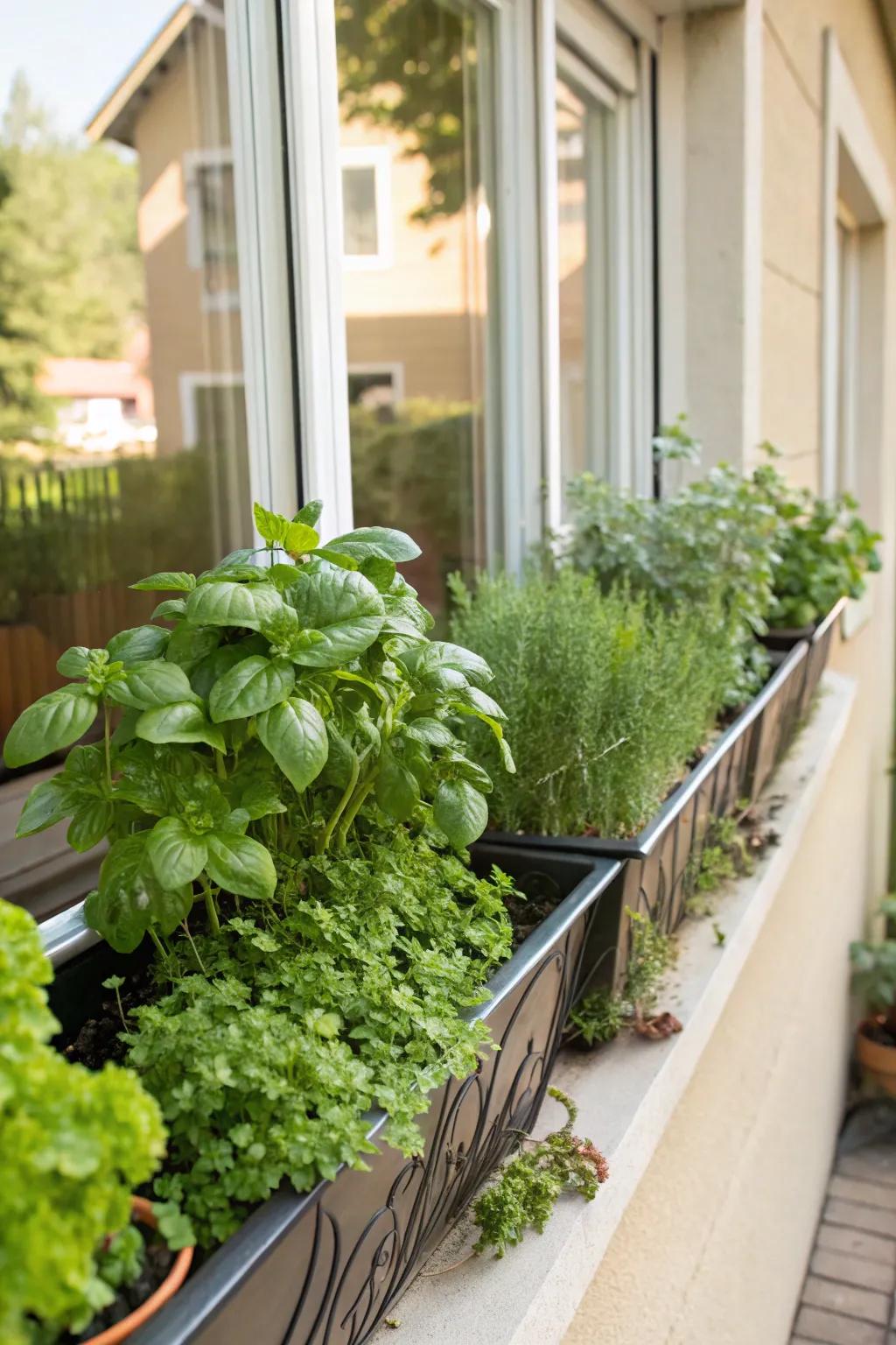 Window box herb garden providing convenient access.