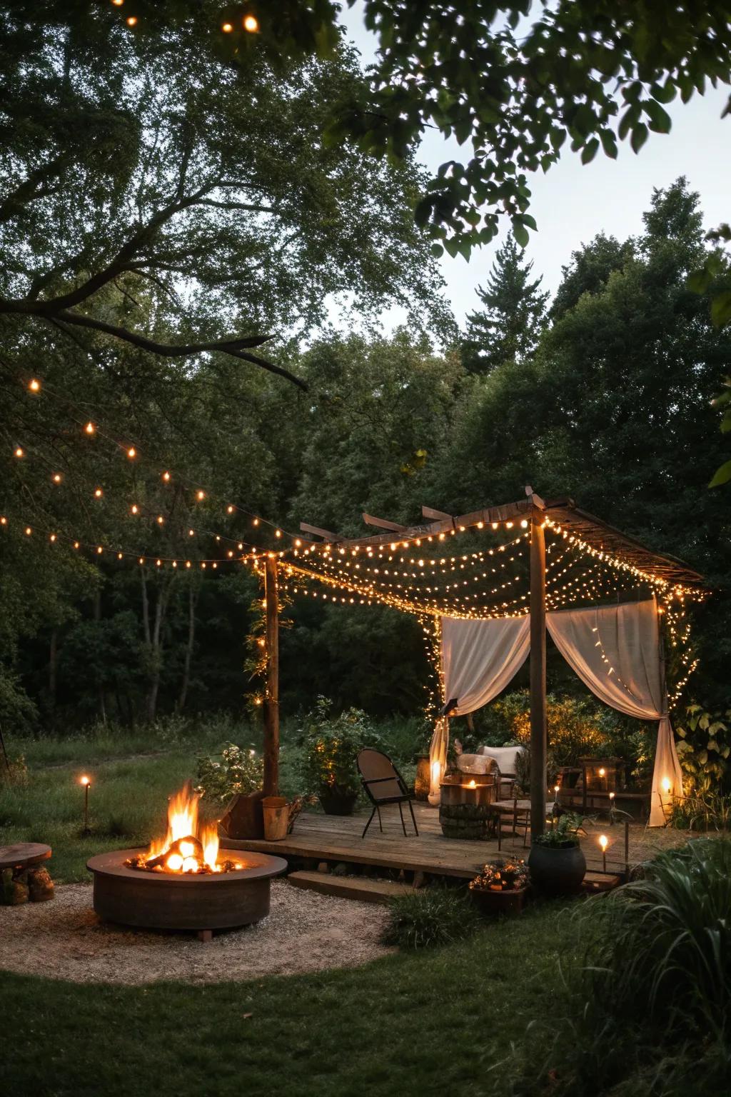 A pixie illumination canopy introduces a magical touch to your firepit zone.