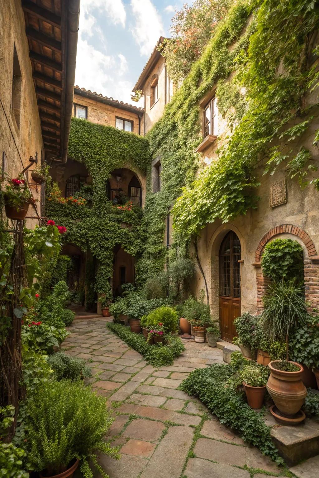 Vertical gardens add living art and dimension to the courtyard.
