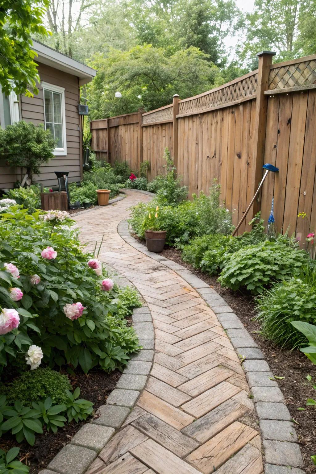 A rustic wood-styled walkway adding warmth to a cozy garden.