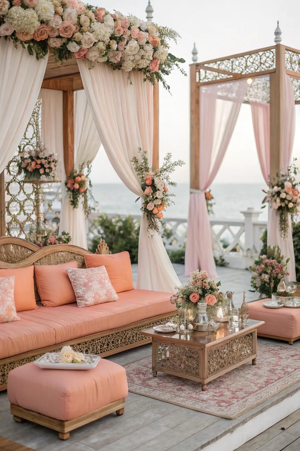 Chic apricot seating arrangements for a cohesive theme.