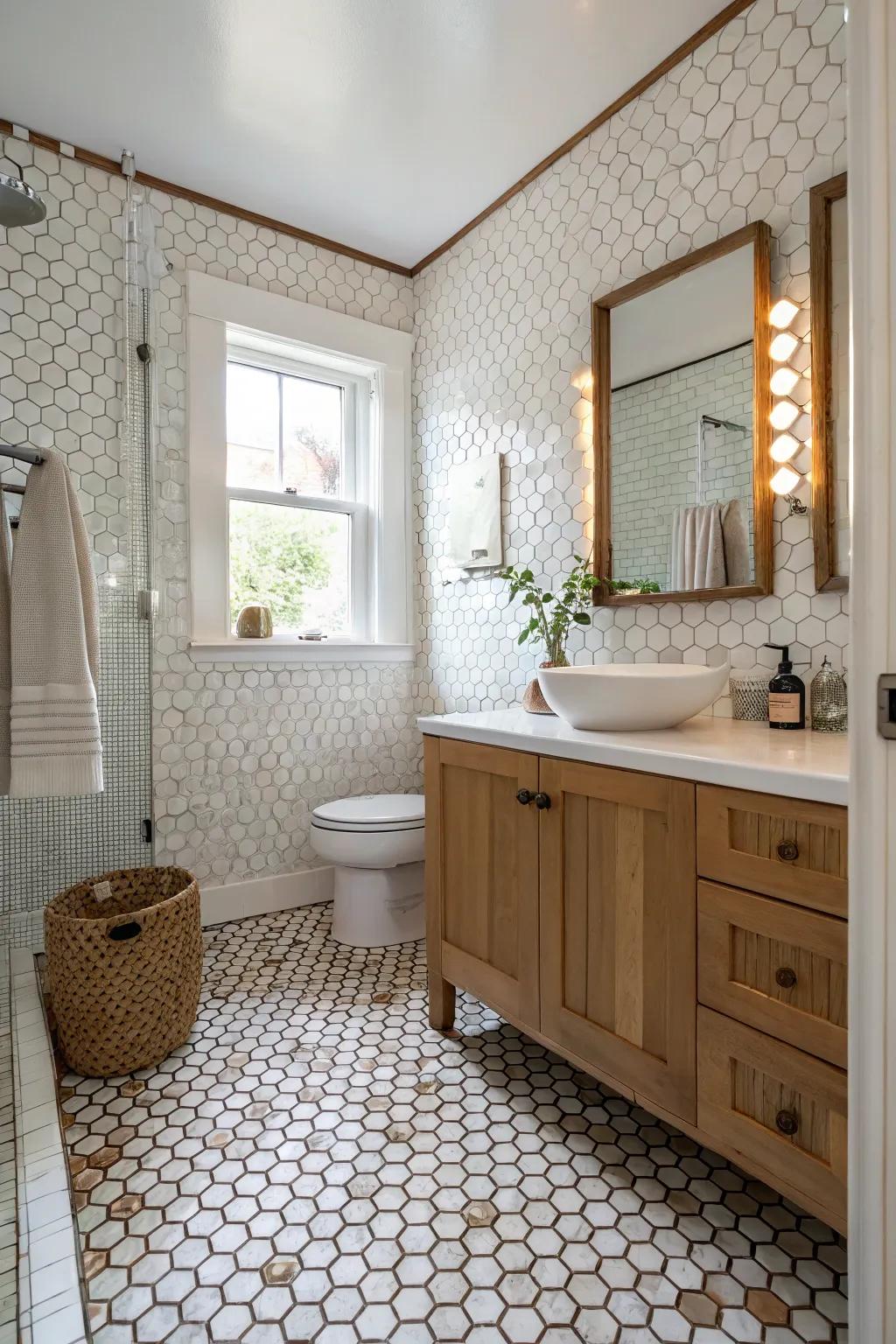 Penny rounds employed creatively in unforeseen areas of the bathing room.