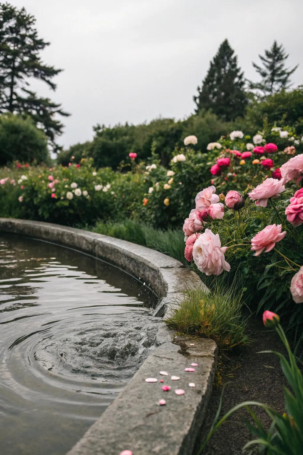 An aquatic accent bestowing tranquility upon a peony garden.