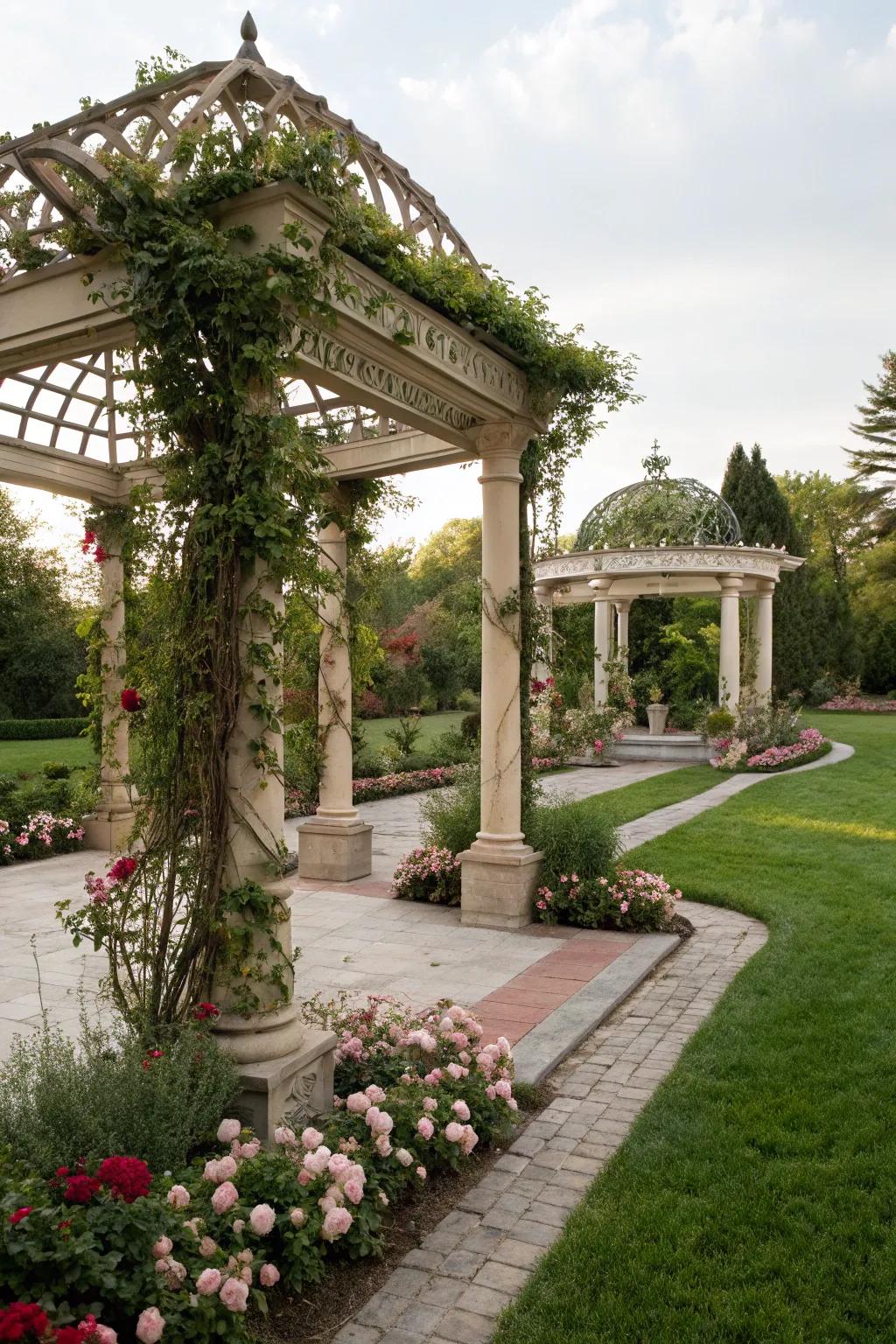 A two-tiered pergola crafts a dramatic and elegant visual.