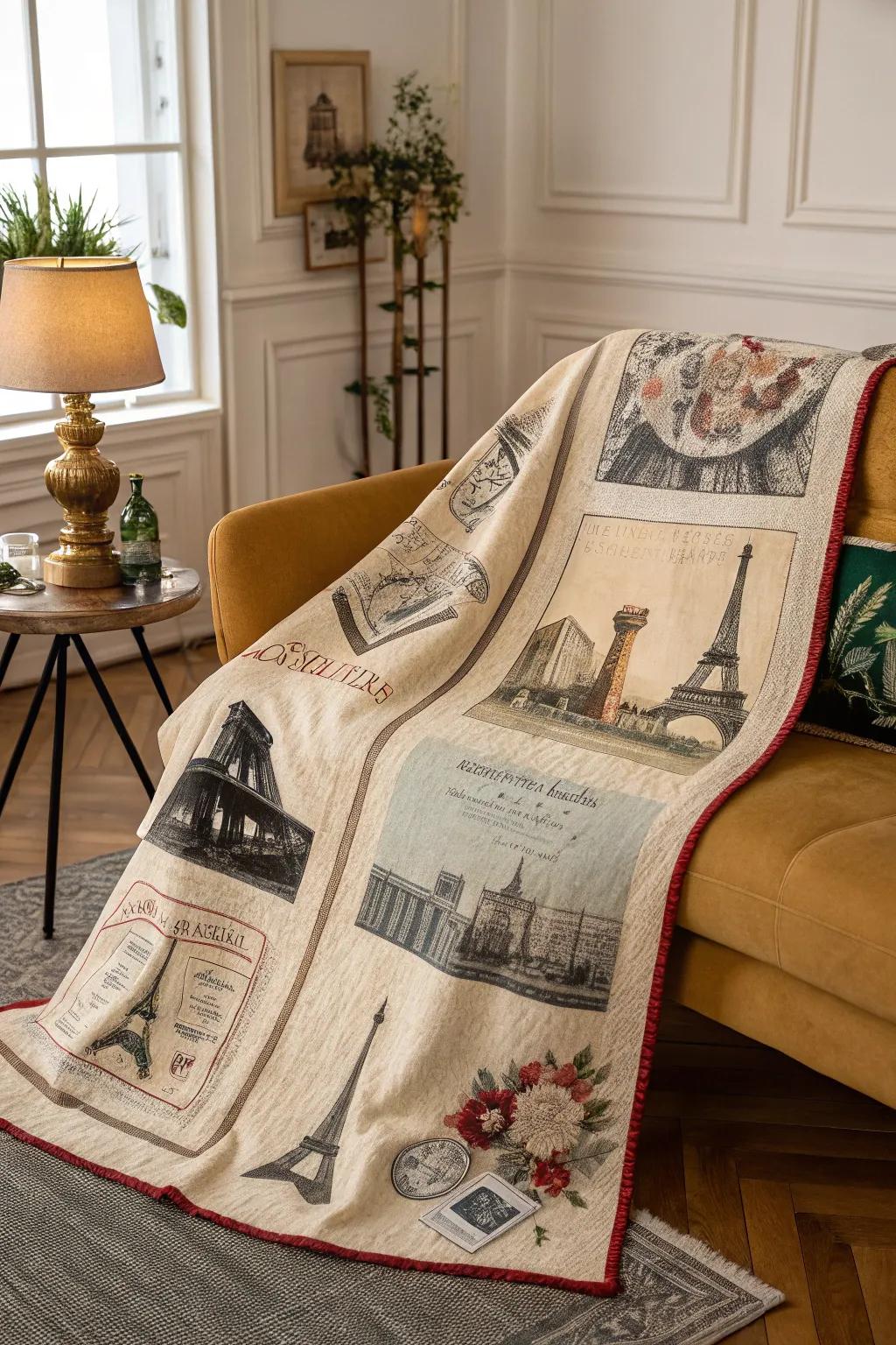 A throw featuring vintage mailing card designs, ideal for incorporating old-world allure.