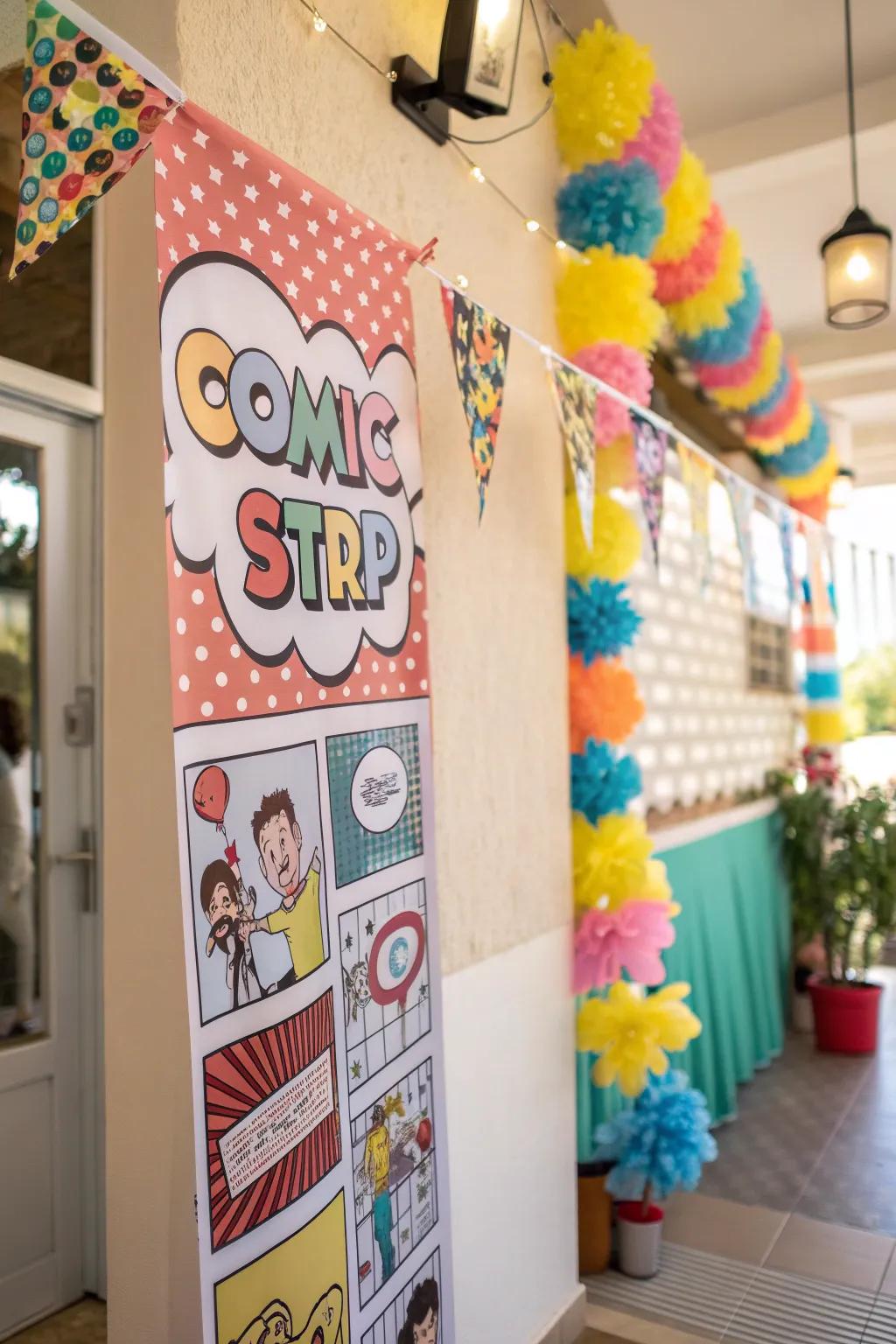 A cartoon strip banner featuring engaging captions and speech bubbles.