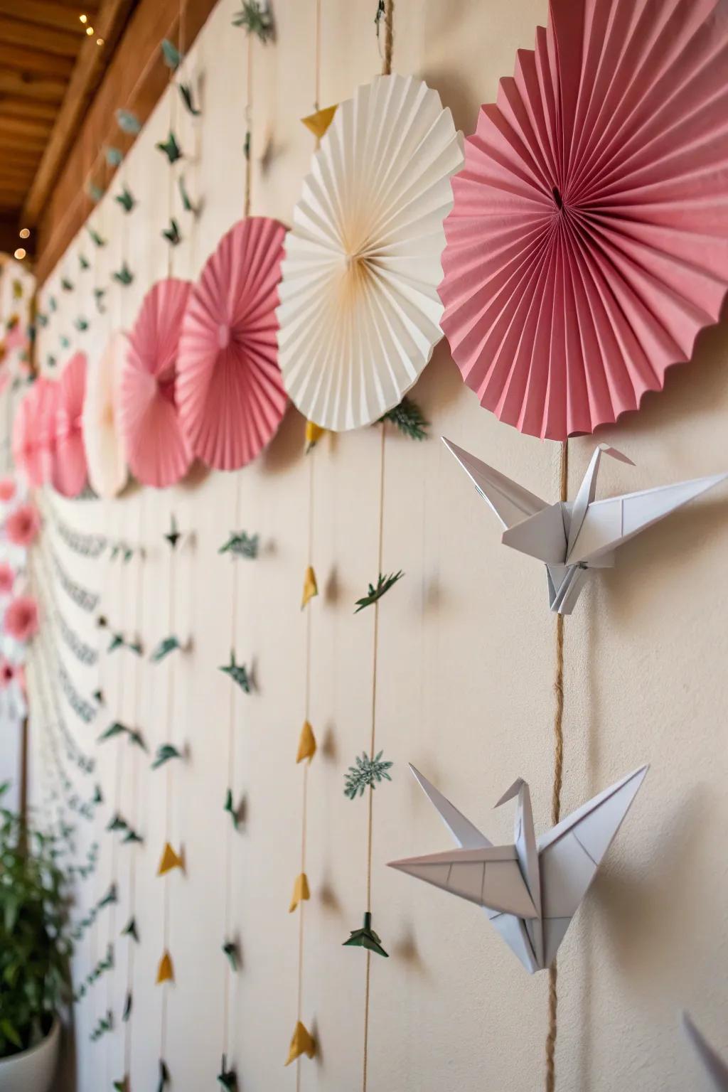 A partition ornamented with sculpted avians and handmade fans, providing a fanciful element.
