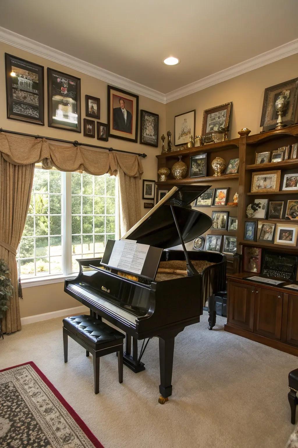 Personal impressions fashion a lived-in and cherished piano space.