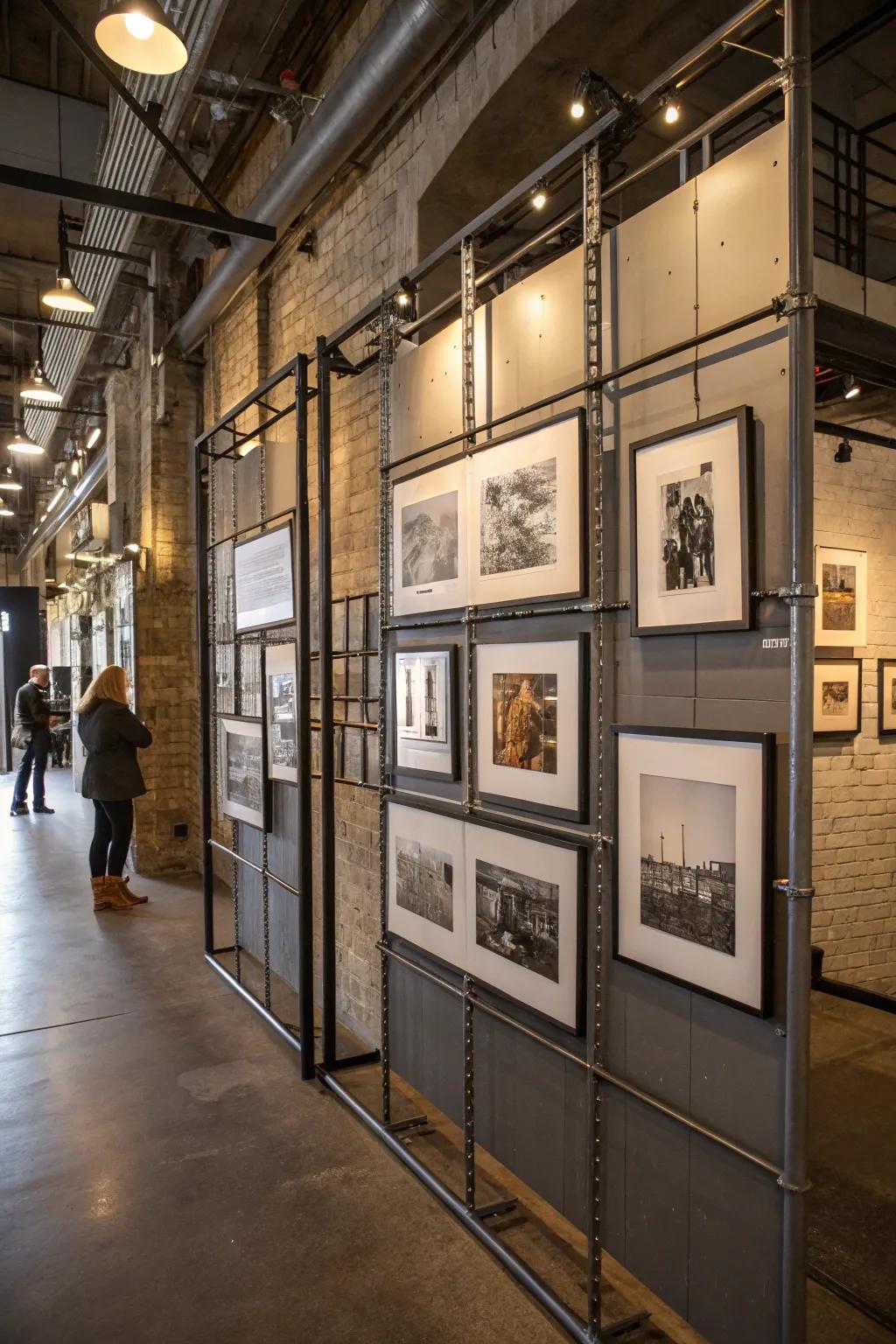 An industrial picture wall featuring metal frames.