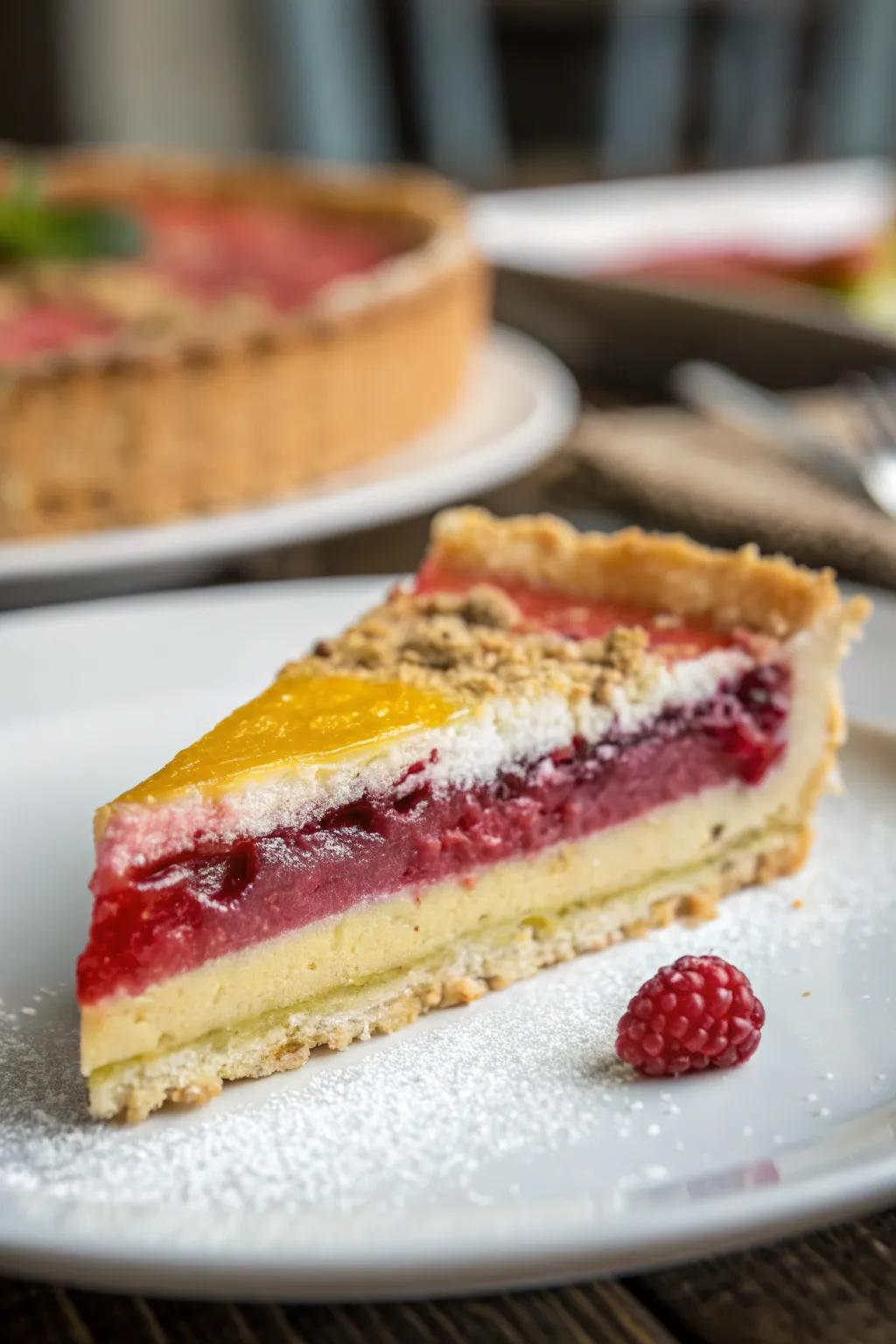 A pie piece featuring visibly appealing layers.