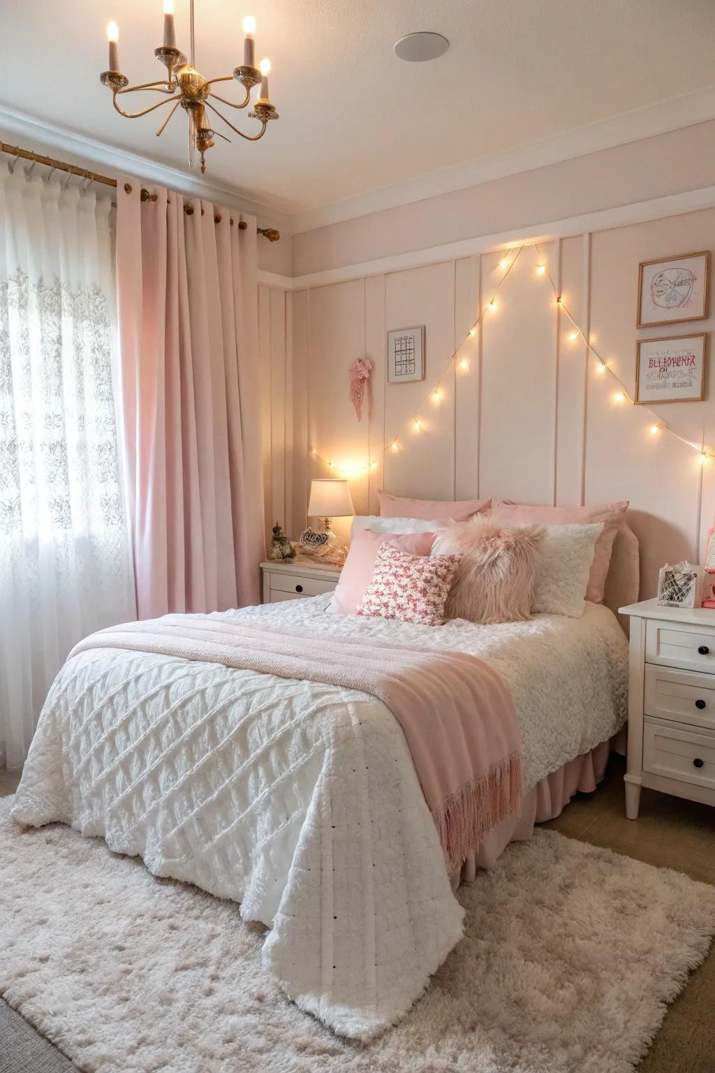 Satin rose and white offer a soothing and inviting bedroom feel.