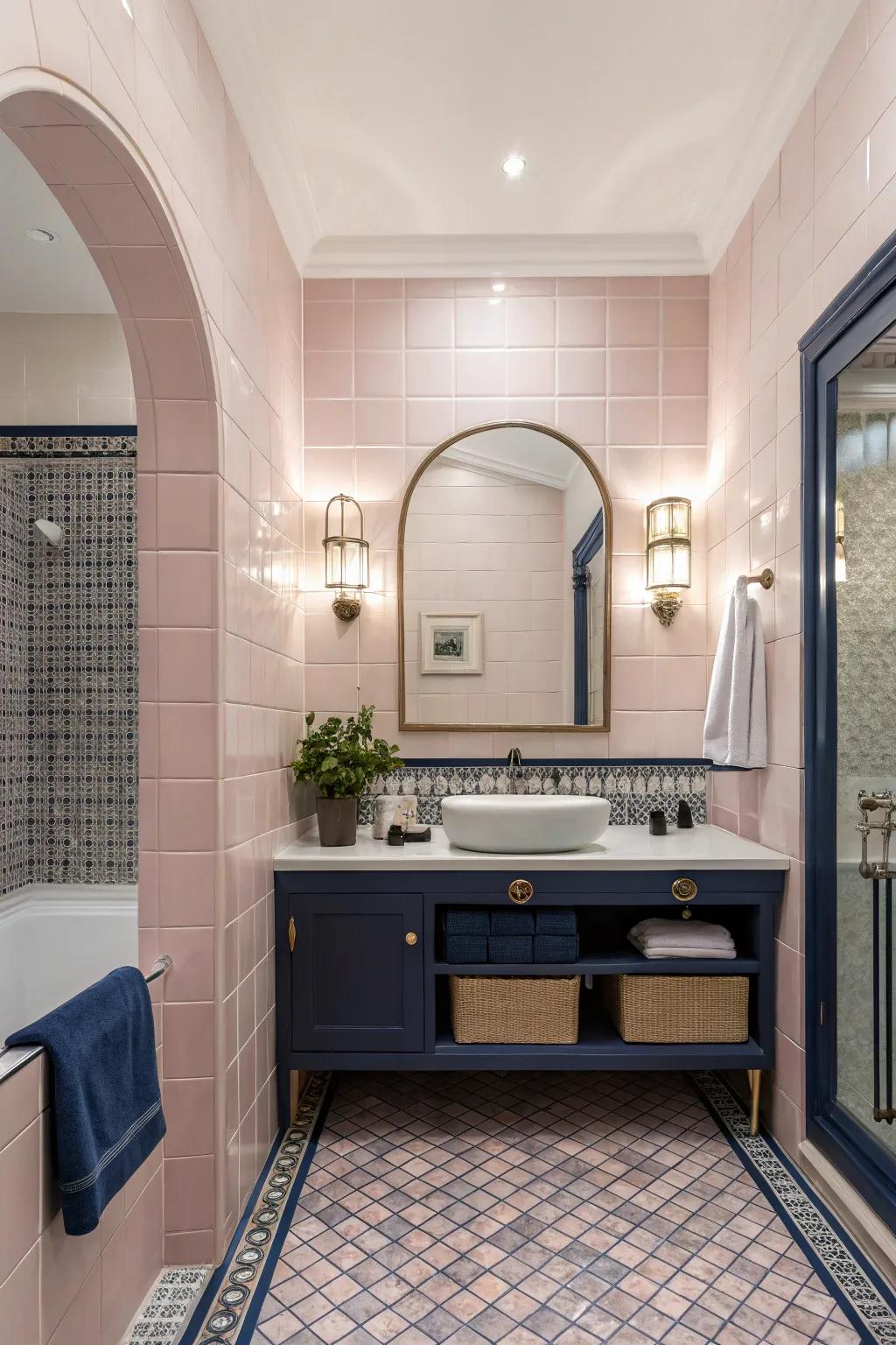 Pink tiles and navy looking elegant together.