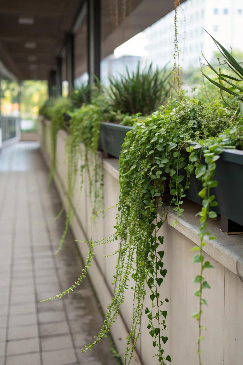 Cascading flora temper the contours and sculpt visual progression upon this plant ledge.