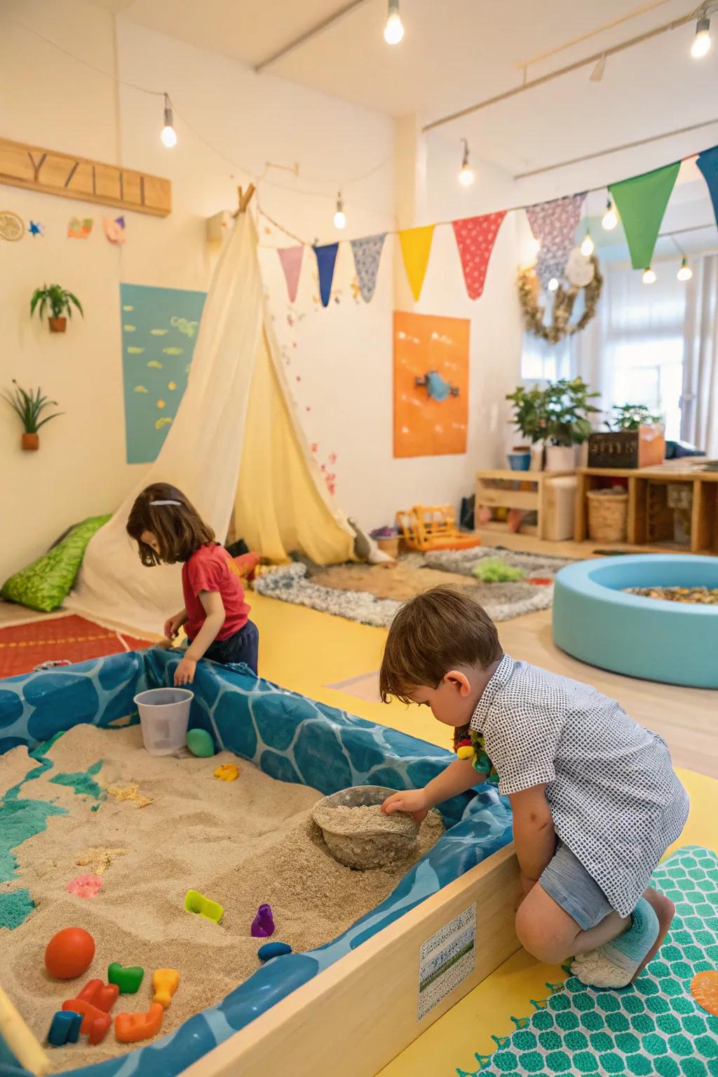 Sensory play areas offer tactile exploration opportunities.