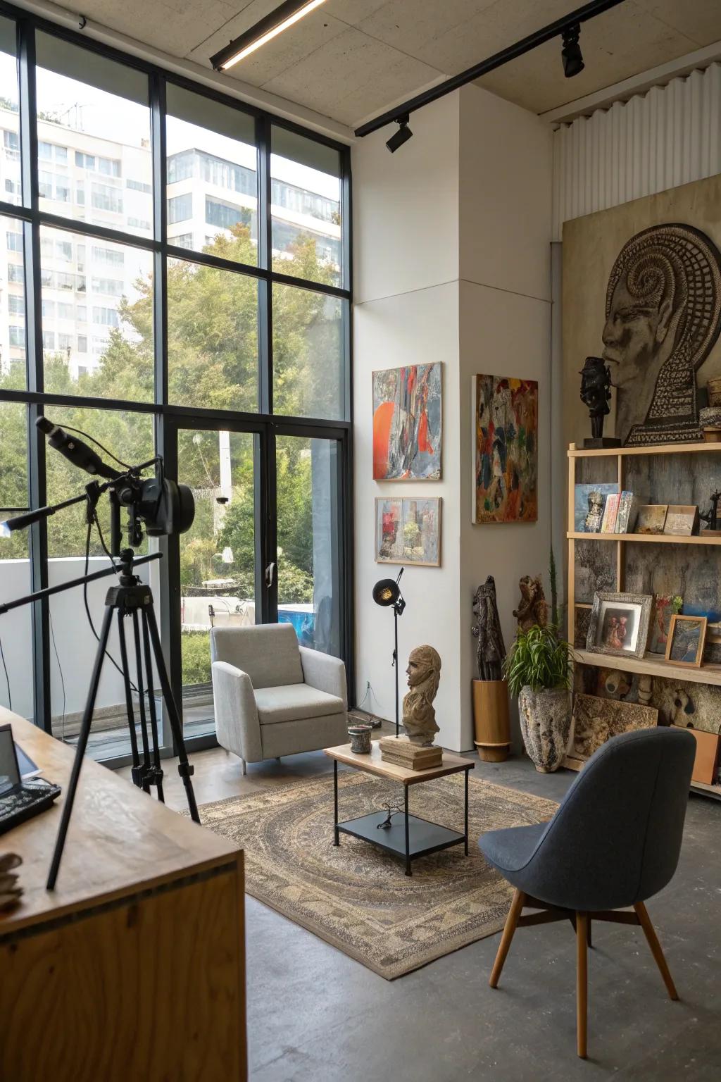 A podcast studio featuring art elements.