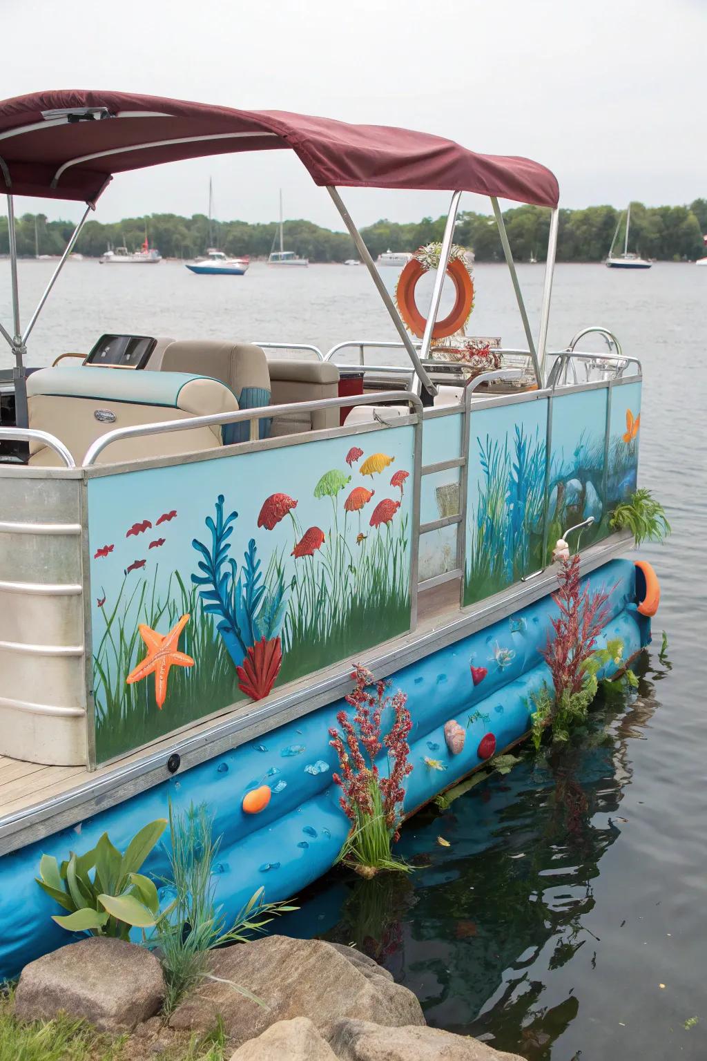 A marine depths-themed pontoon boat showcasing vibrant marine decorations.