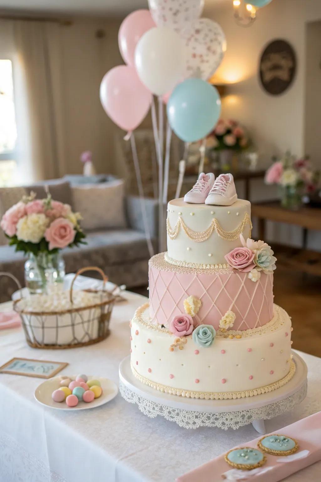 A bespoke infant shower confection that serves as both a focal point and a treat.