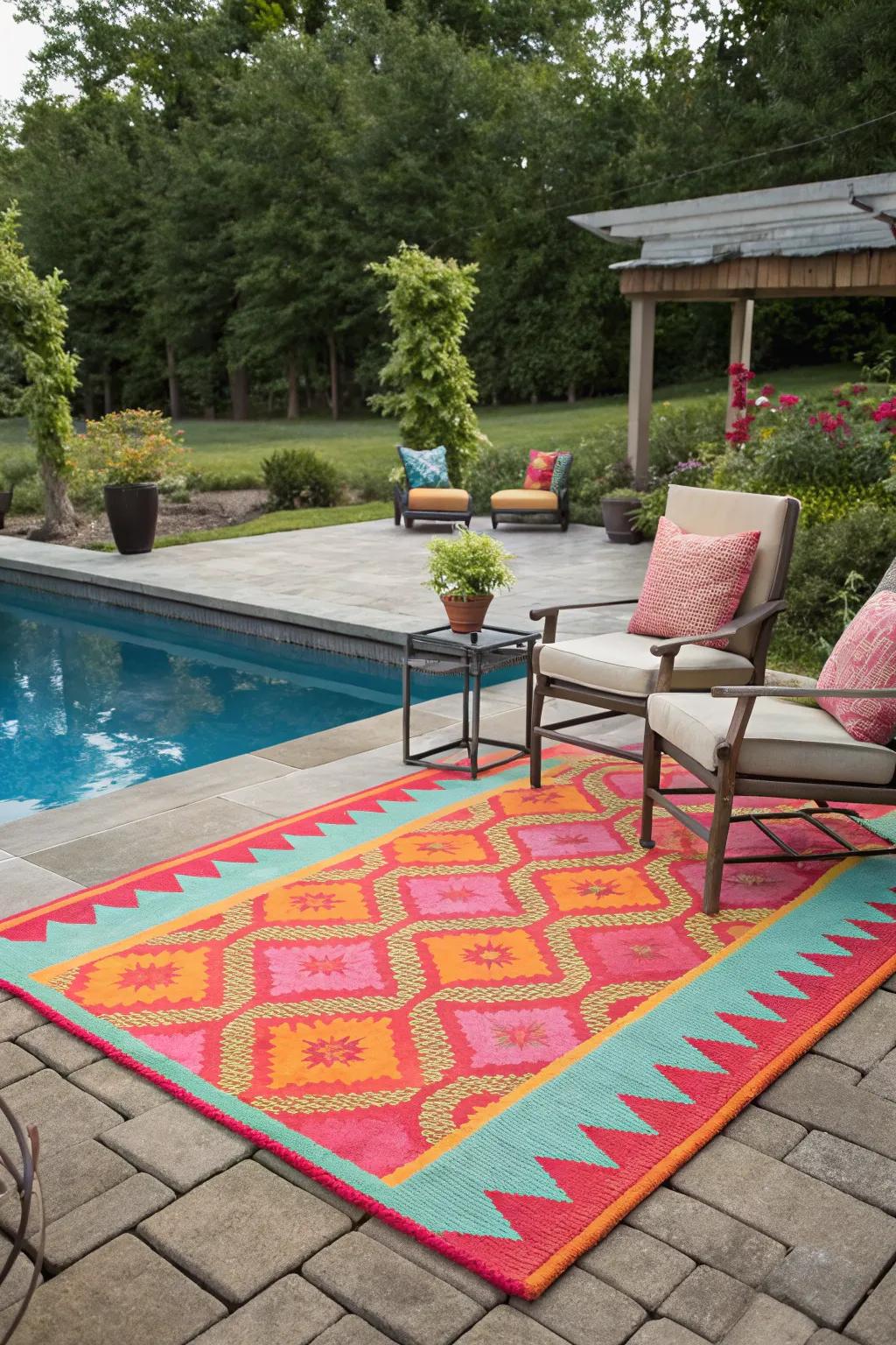 Colorful outdoor carpets add personality and define spaces on your pool deck.