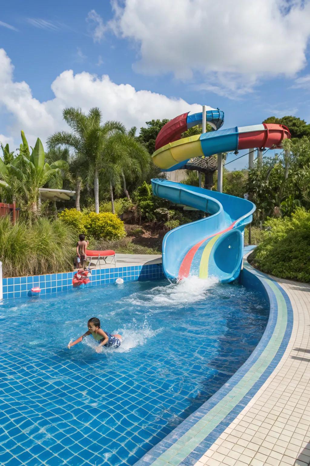 Aqua slides add excitement and fun to poolside activities.