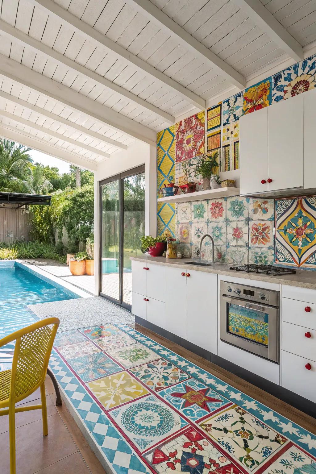 Colorful tiles introduce a burst of character to the cooking space.