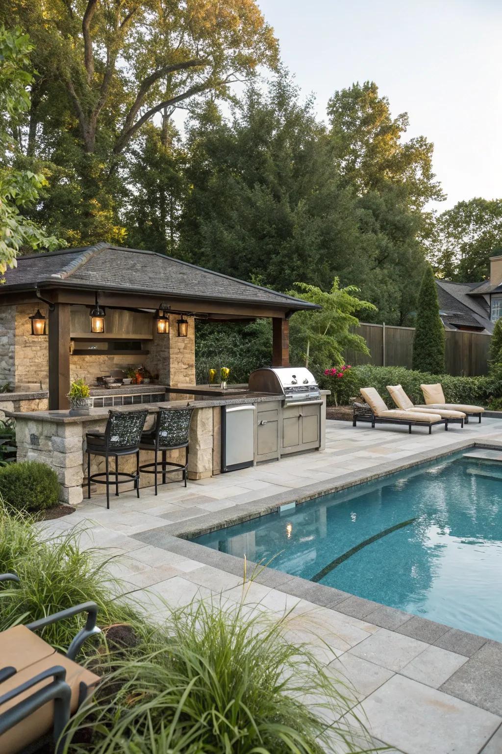 A functional and stylish poolside outdoor kitchen.