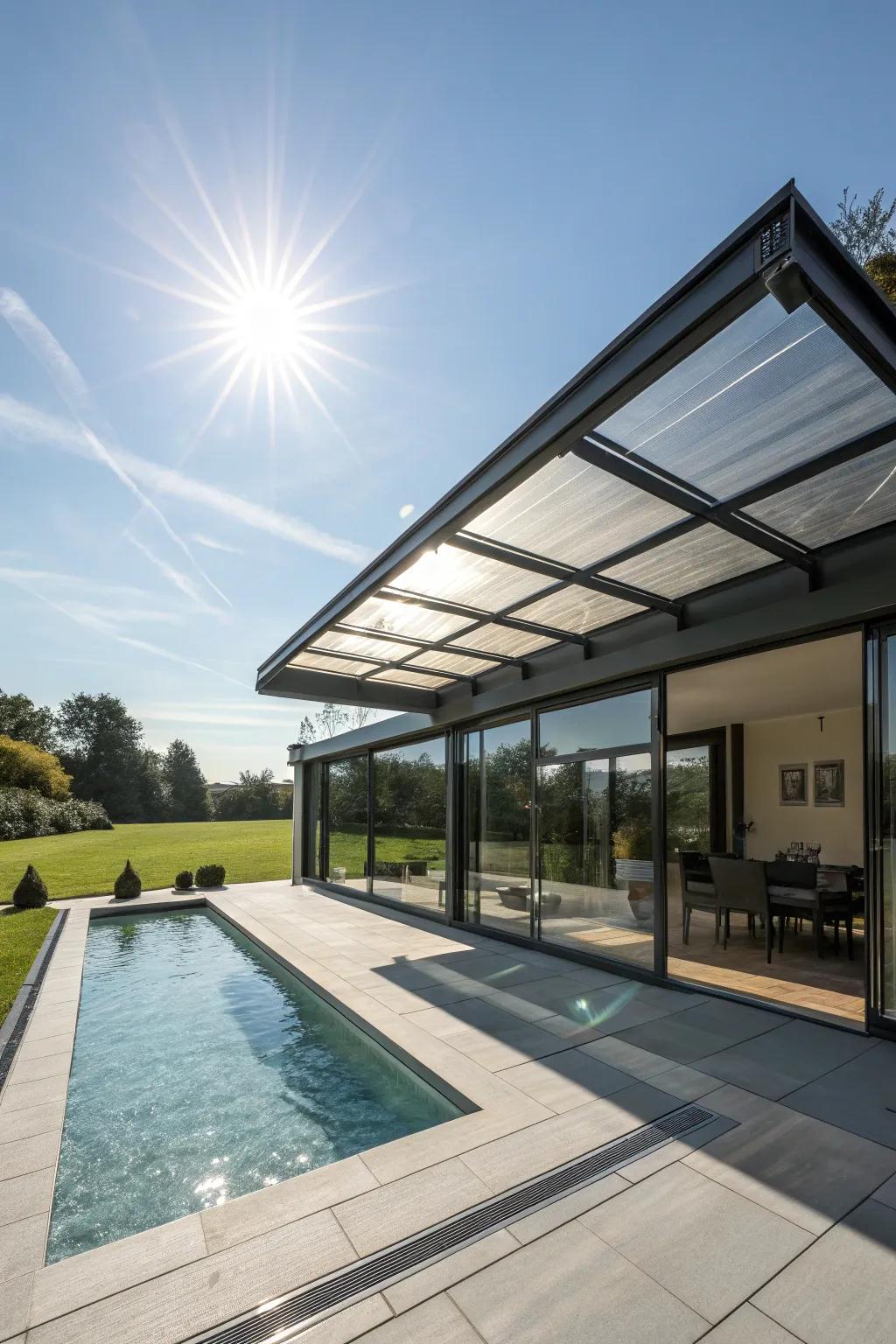 An adaptable sanctuary with a sliding roof offers adaptability for any weather.