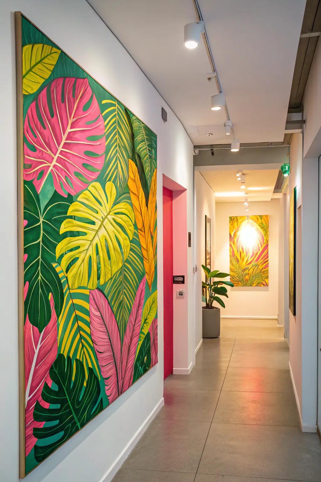 A revitalizing pop art painting of tropical leaves enlivens the hallway.