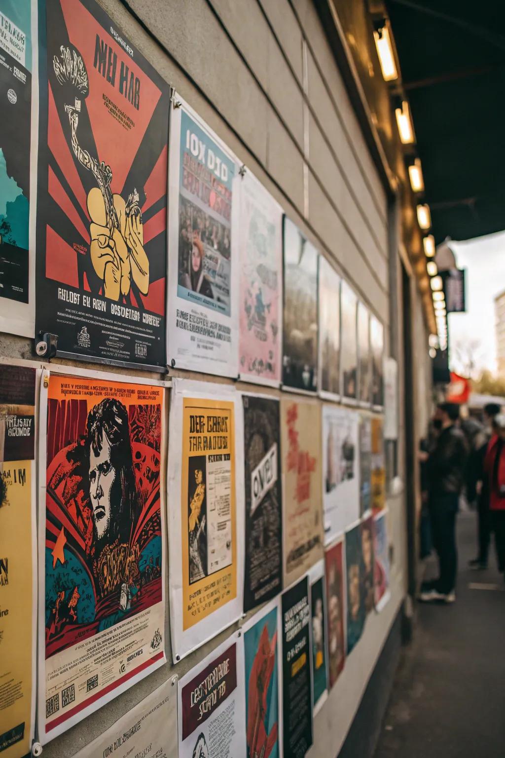 Assorted posters make for an intriguing, dynamic decor.