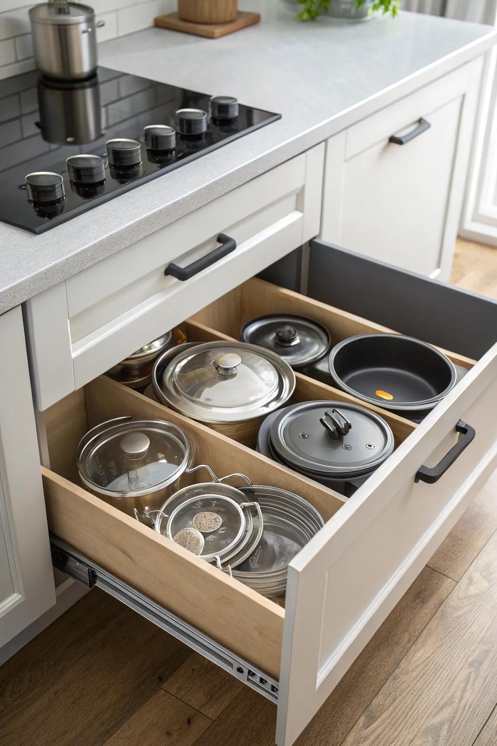A drawer that’s just for lids keeps them organized and hidden.
