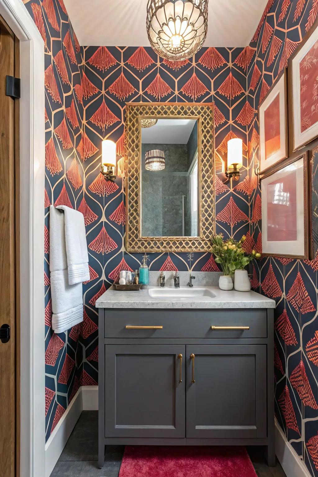 Uncommon color pairings create a dynamic, memorable guest bath.