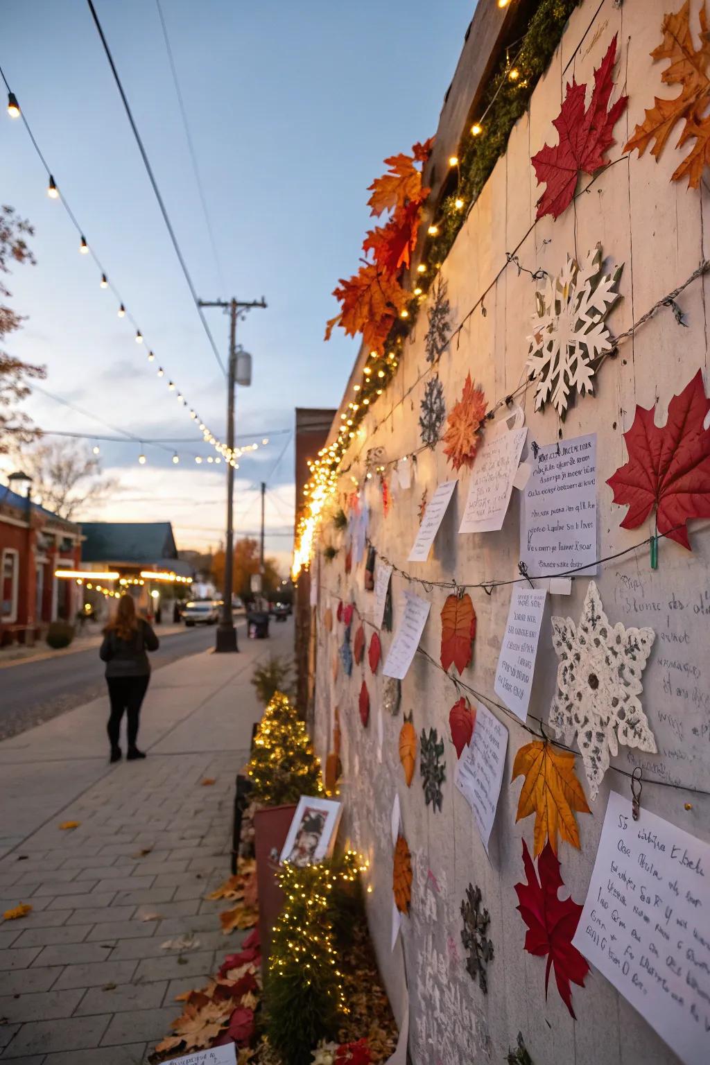 Festive decorations adorn a prayer wall for a holiday feel.