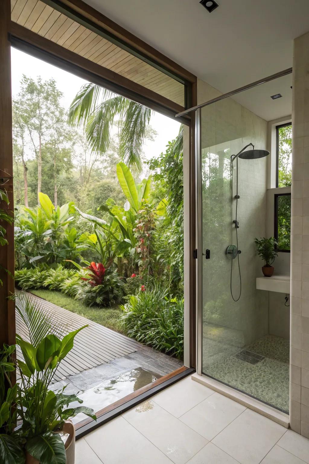 Connecting to the outdoors enhances the bathing space’s openness.