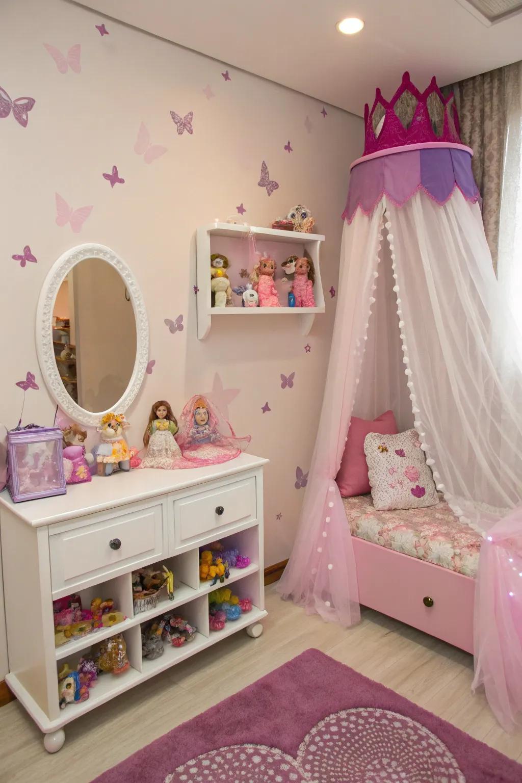 A doll showcase adds charm and character.