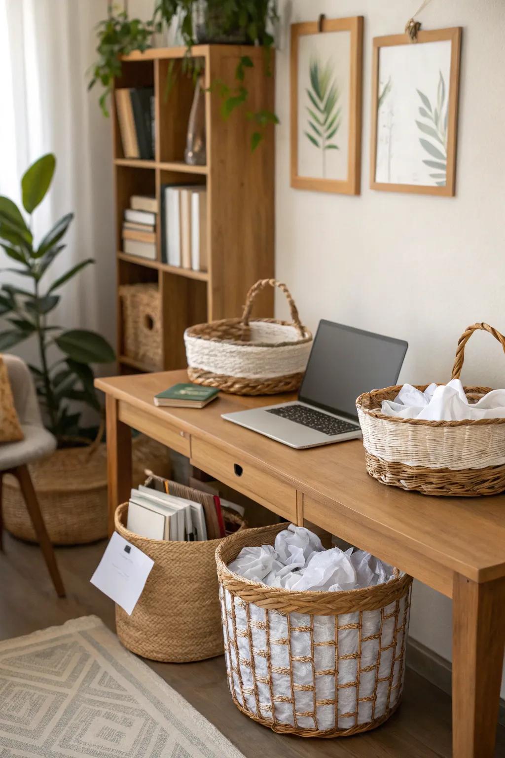 Decorative baskets provide a welcoming and practical paper storage solution.