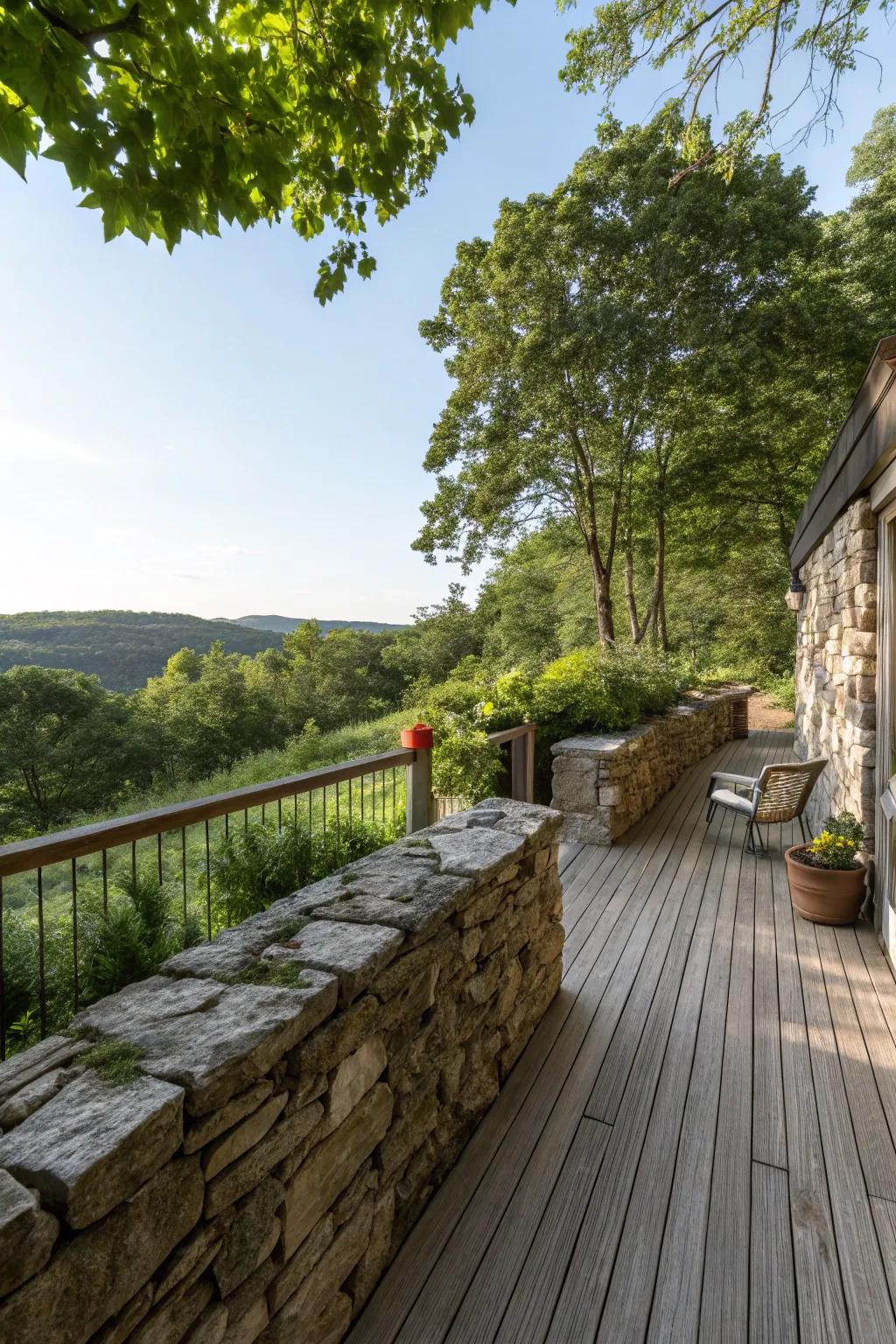 A classic pebble boundary imparts seclusion and appeal to a deck.