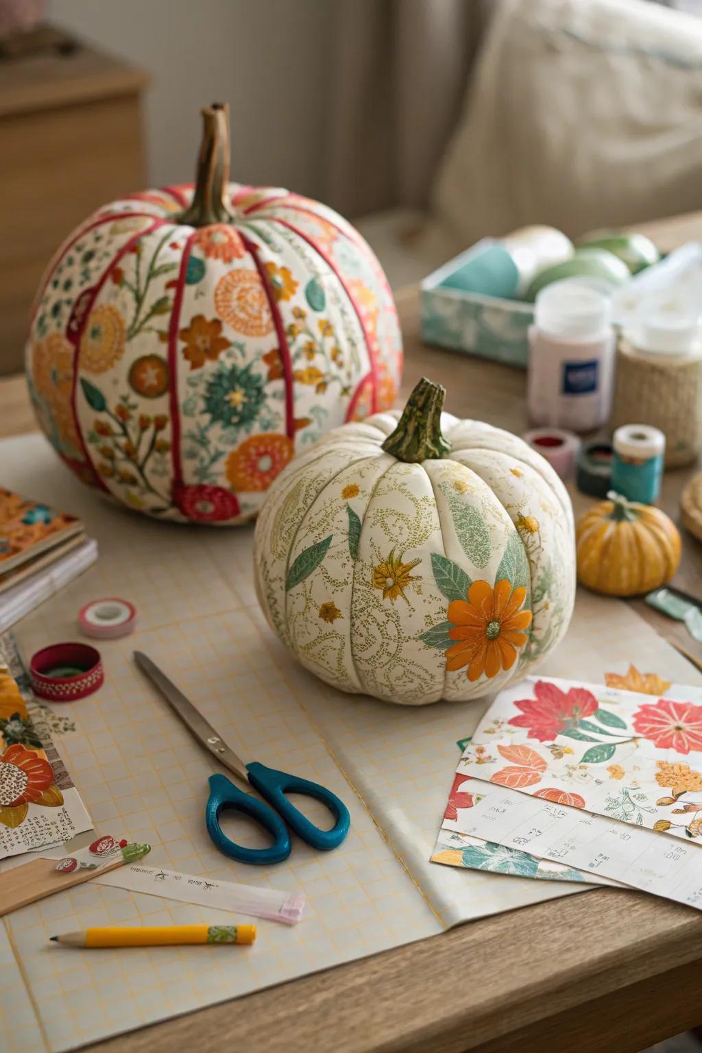 Decoupage pumpkins showcasing a delightful patchwork of colors.
