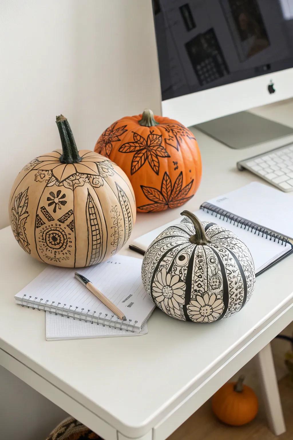 Create complex designs effortlessly with permanent marker pumpkins.