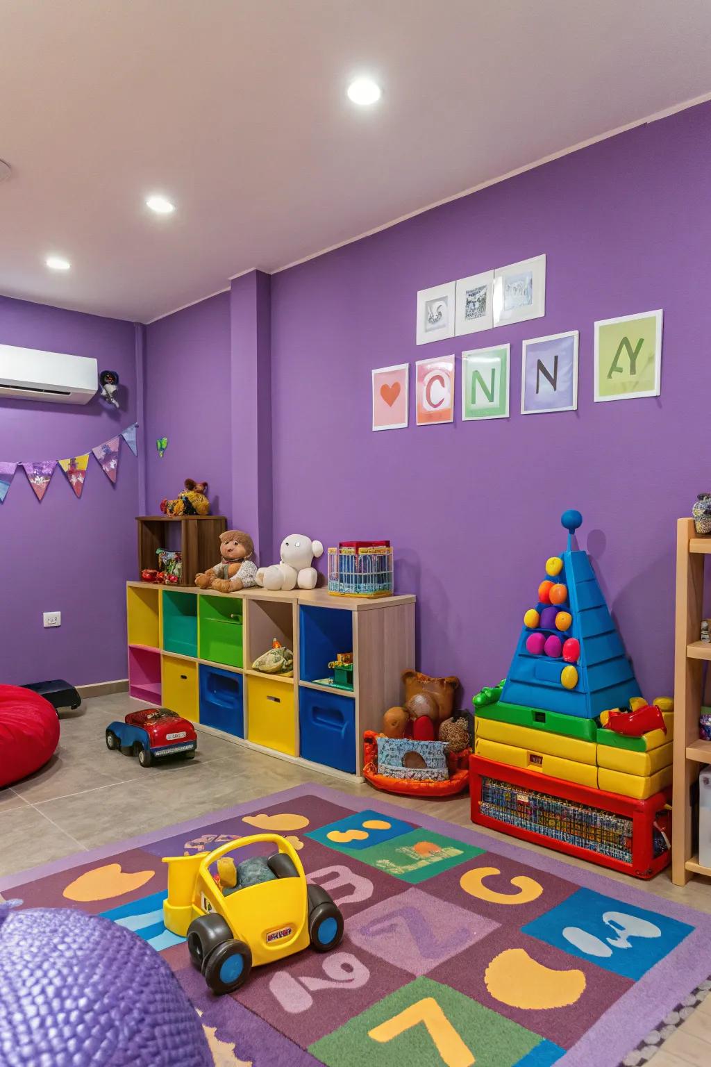A vibrant playroom energized by bright purple walls.