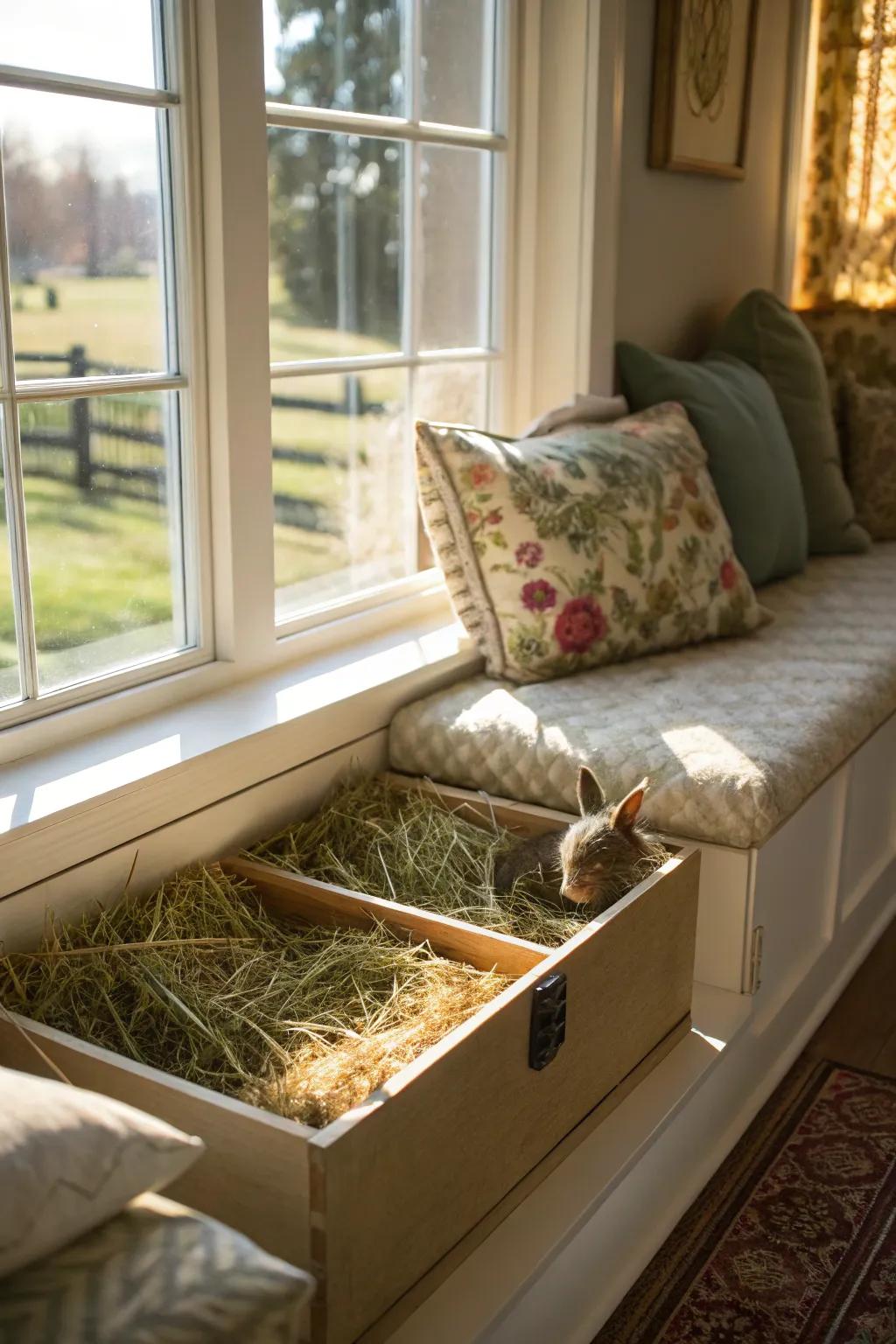 A window seat has hidden storage for storing rabbit hay.