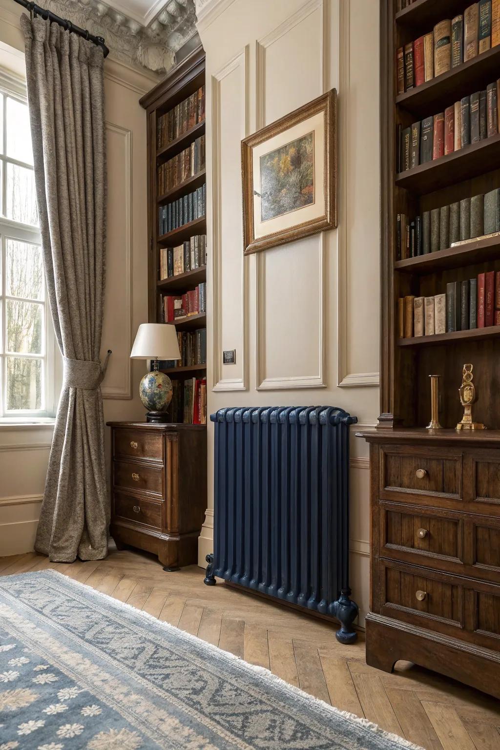 Coastal blue radiators emanate timeless polish.