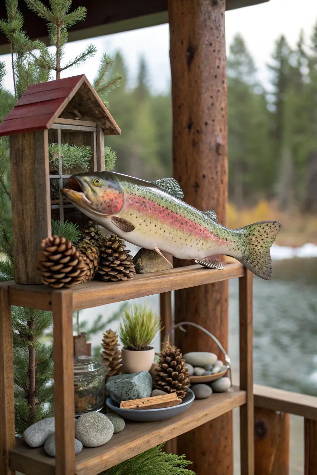 Outside-themed shelving featuring a rainbow trout creates a nature-inspired aesthetic.