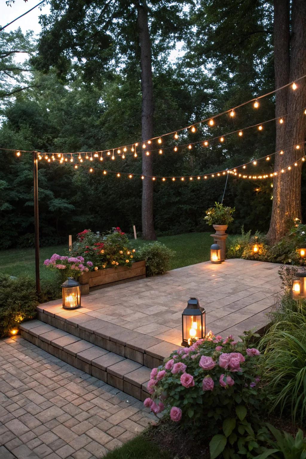 Imaginative illumination establishes the patio's atmosphere.